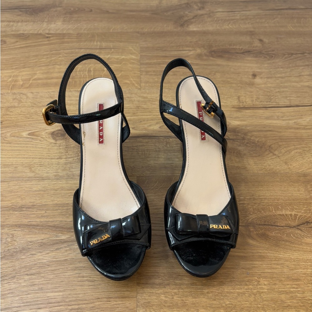 Prada Bow Patent Leather Wedge Sandals